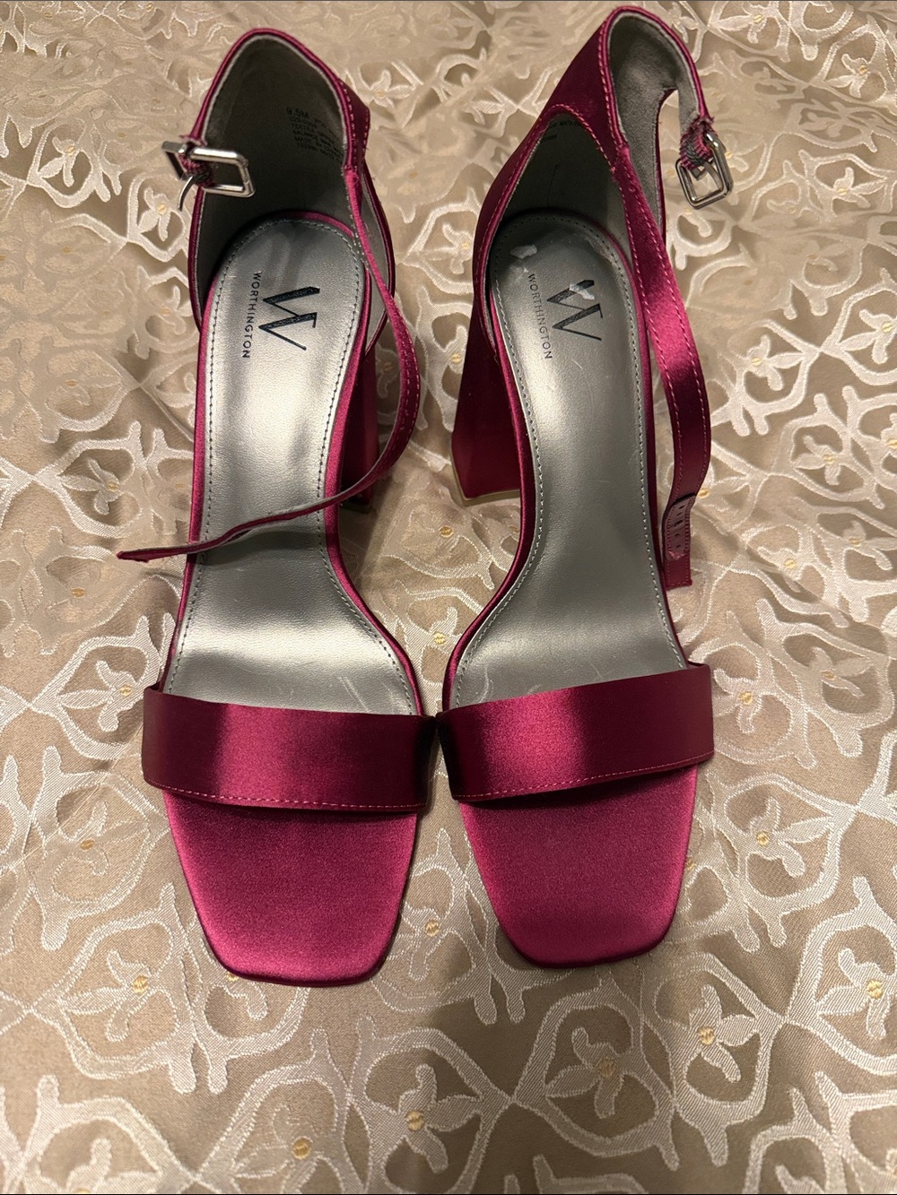 Worthington Magenta Satin Ankle-Strap Block Heel Sandals